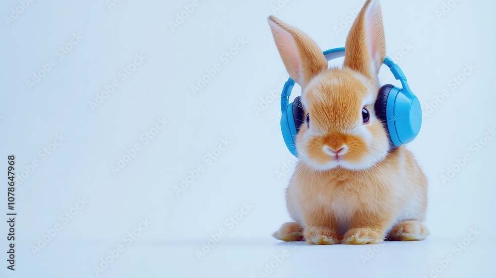 Young Bunny with Headphones Sitting Comfortably Young Bunny with Headphones Sitting Comfortably
