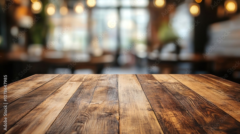 Rustic Wooden Tabletop in a Blurred Cafe Background Rustic Wooden Tabletop in a Blurred Cafe Background
