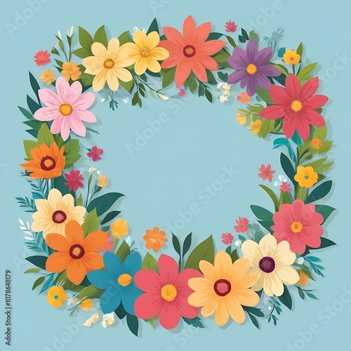 A vibrant floral wreath with a blue background