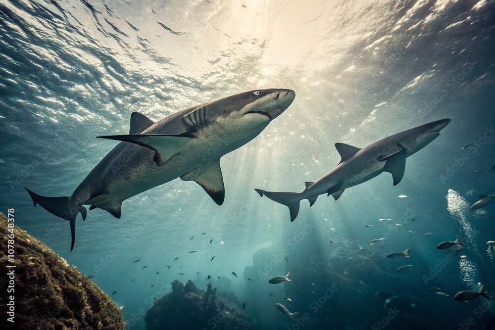 Obraz premium Vintage Style Photography of Graceful Sharks in Deep Blue Water, Capturing Dramatic Moments with Double Exposure Silhouette and Ample Copy Space for Bold Visual Impact