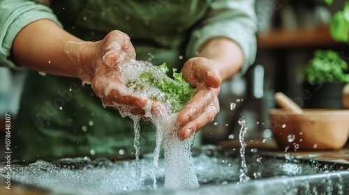 Hands carefully wash fresh lettuce leaves under running water in a kitchen, highlighting the importance of cleanliness and preparation in cooking practices. photo