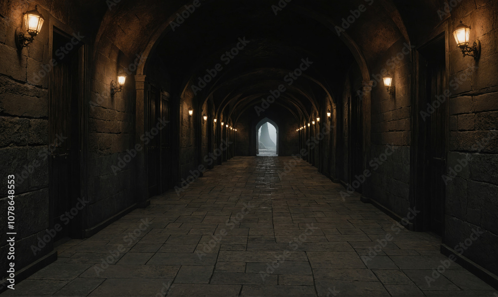 A long, dark hallway with stone walls and arched ceilings is lit by lanterns A long, dark hallway with stone walls and arched ceilings is lit by lanterns