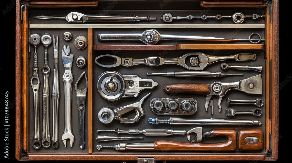 A neatly organized toolbox filled with various tools, including wrenches, screwdrivers, and pliers. A neatly organized toolbox filled with various tools, including wrenches, screwdrivers, and pliers.