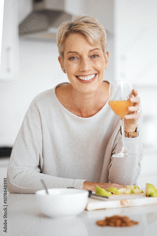 Mature woman, juice and fruit in portrait with smile for breakfast, diet and wellness in morning. Person, glass and happy in home with drink for detox, nutrition and gut health with apple in France Mature woman, juice and fruit in portrait with smile for breakfast, diet and wellness in morning. Person, glass and happy in home with drink for detox, nutrition and gut health with apple in France