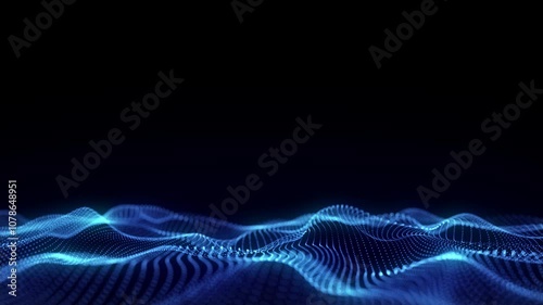 Glowing blue wave with motion dots. Abstract digital background. Concept connection big data. Futuristic technology backdrop. 3D rendering.