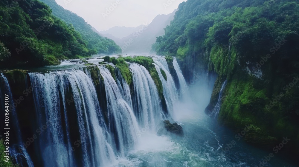 A majestic waterfall cascades down a rocky cliff, surrounded by lush green foliage. A majestic waterfall cascades down a rocky cliff, surrounded by lush green foliage.