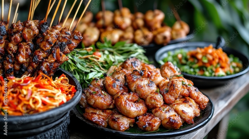 A smorgasbord of grilled meats with skewers, fresh greens, and vibrant garnishes, artfully arranged for an enticing culinary presentation. A smorgasbord of grilled meats with skewers, fresh greens, and vibrant garnishes, artfully arranged for an enticing culinary presentation.