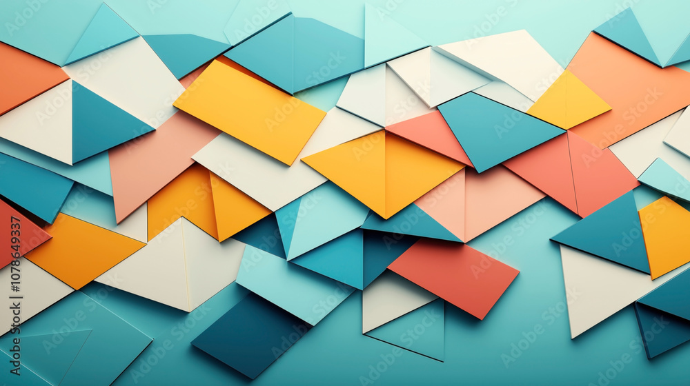Abstract geometric pattern with overlapping colorful triangles and rectangles in teal, orange, blue, and cream hues creating a layered visual effect. Abstract geometric pattern with overlapping colorful triangles and rectangles in teal, orange, blue, and cream hues creating a layered visual effect.