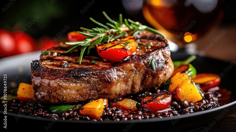 A beautifully seared steak topped with vibrant cherry tomatoes and herbs, resting on a gourmet plate, exemplifying a masterful culinary creation worth savoring.