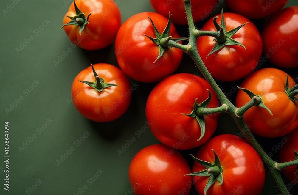 Red tomatoes on green background, top view, pattern, close-up Red tomatoes on green background, top view, pattern, close-up