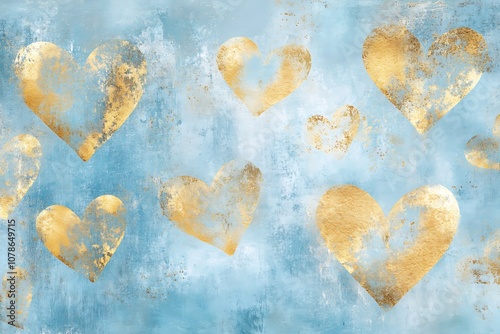 Wallpaper Mural Abstract heart patterns with golden accents over a pastel blue background. Torontodigital.ca