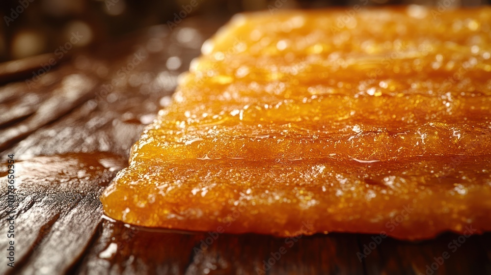 Close-up of golden honey comb on wooden surface. Close-up of golden honey comb on wooden surface.