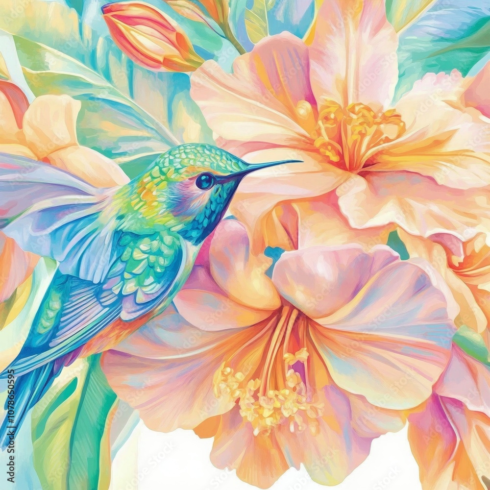 Fototapeta premium Vibrant Hummingbird and Tropical Flowers Painting for Spring Decor and Greeting Cards