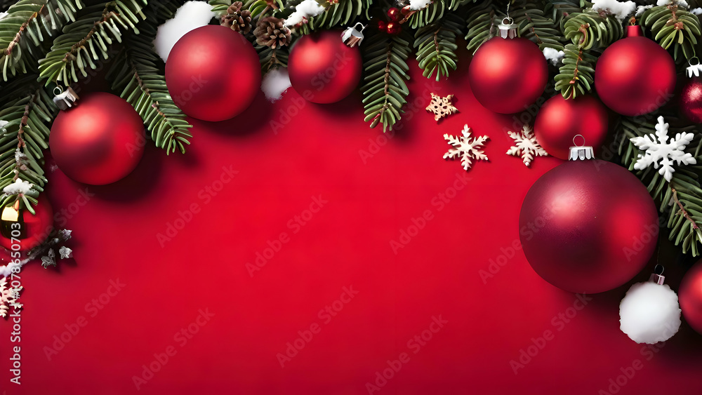 Christmas decoration border with fir branches and golden glitter confetti and sparkles of lights blur bokeh on red background. Bright Christmas and New Year design holiday frame Christmas decoration border with fir branches and golden glitter confetti and sparkles of lights blur bokeh on red background. Bright Christmas and New Year design holiday frame