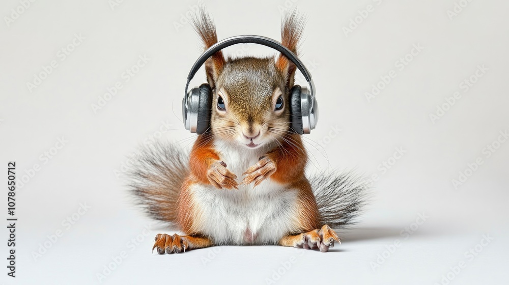 Fototapeta premium Baby Squirrel Wearing Headphones in Close-Up View