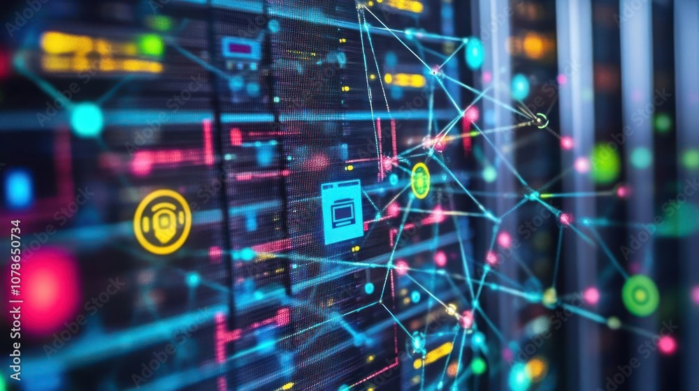 A server rack with colorful lights and a network of lines connecting various icons. A server rack with colorful lights and a network of lines connecting various icons.