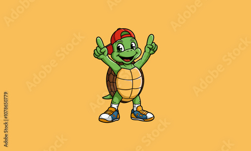 Cheerful cartoon turtle with cap and sneakers.