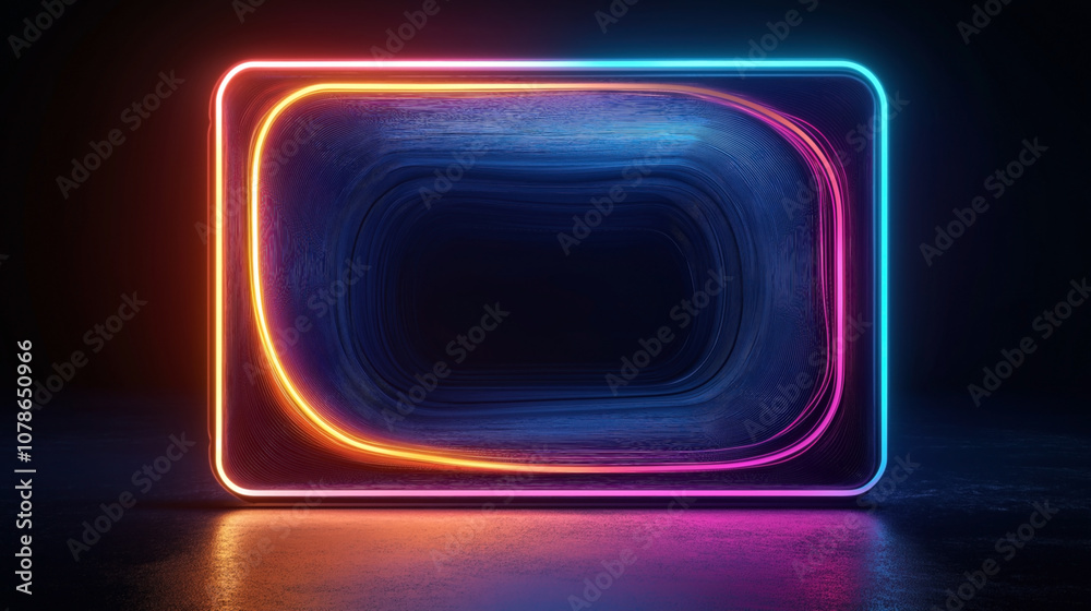 Abstract digital art featuring a neon-lit rectangular shape against a dark background, with vibrant hues of blue, pink, orange, and red creating dynamic light trails and reflections. Abstract digital art featuring a neon-lit rectangular shape against a dark background, with vibrant hues of blue, pink, orange, and red creating dynamic light trails and reflections.