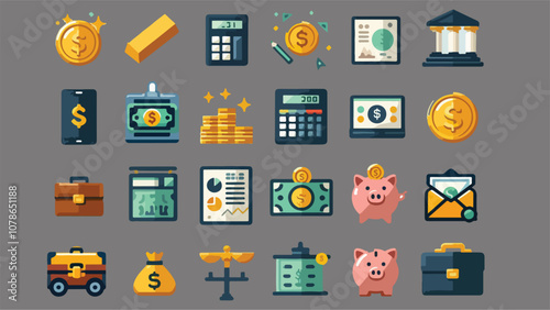 A collection of financial icons. Simple, colorful, and modern icons featuring Gold Bar, coin, dollar bill, calculator, ATM Machine, Cash Register, Stock Certificate, Briefcase, Piggy Bank, and other 