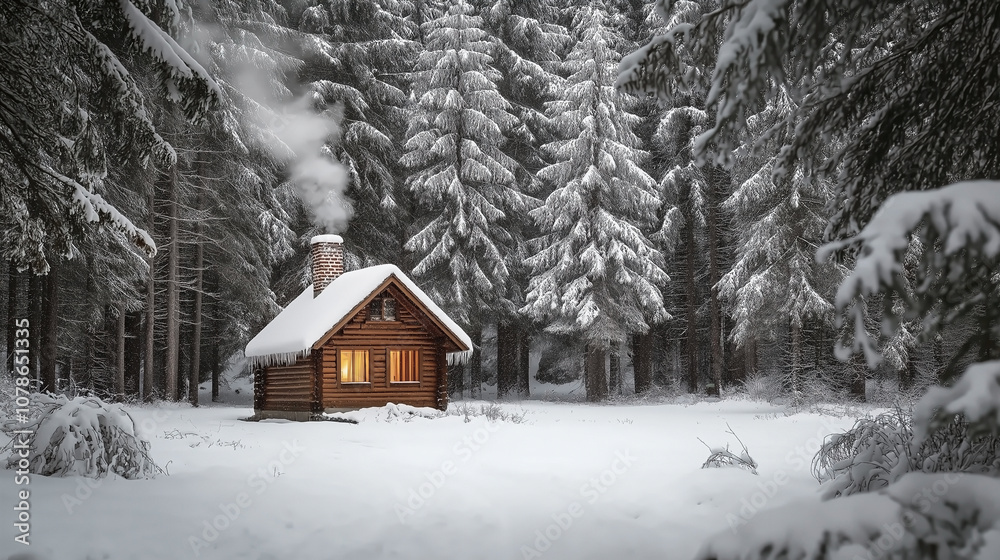 Warmly Lit Cabin Amidst Snow-Covered Pine Forest in Winter