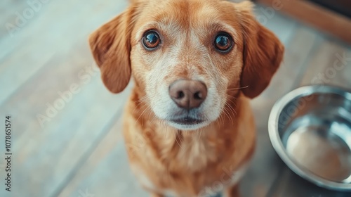 A golden dog with soulful eyes and alert expression, sitting attentively next to a shiny metallic dish on a wooden surface, embodying patience and loyalty. photo