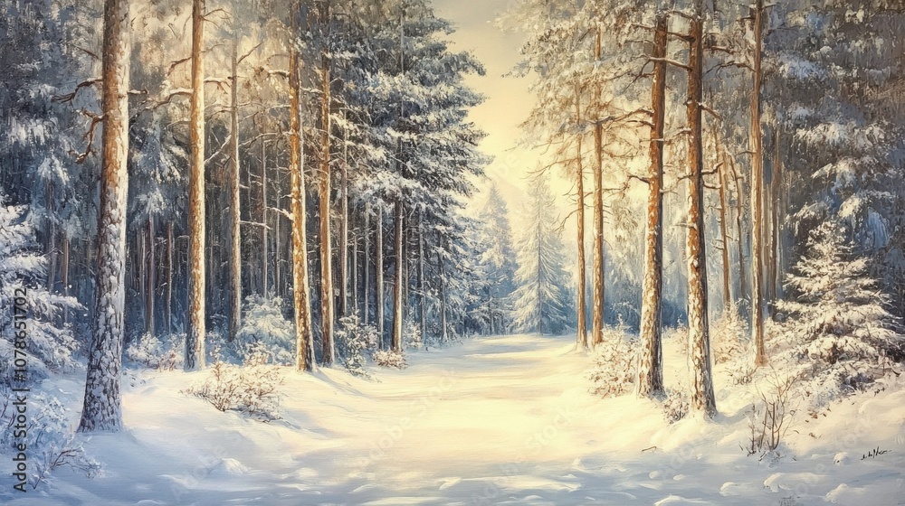 Norwegian forest in winter, tall pine trees covered in snow, quiet and peaceful scene