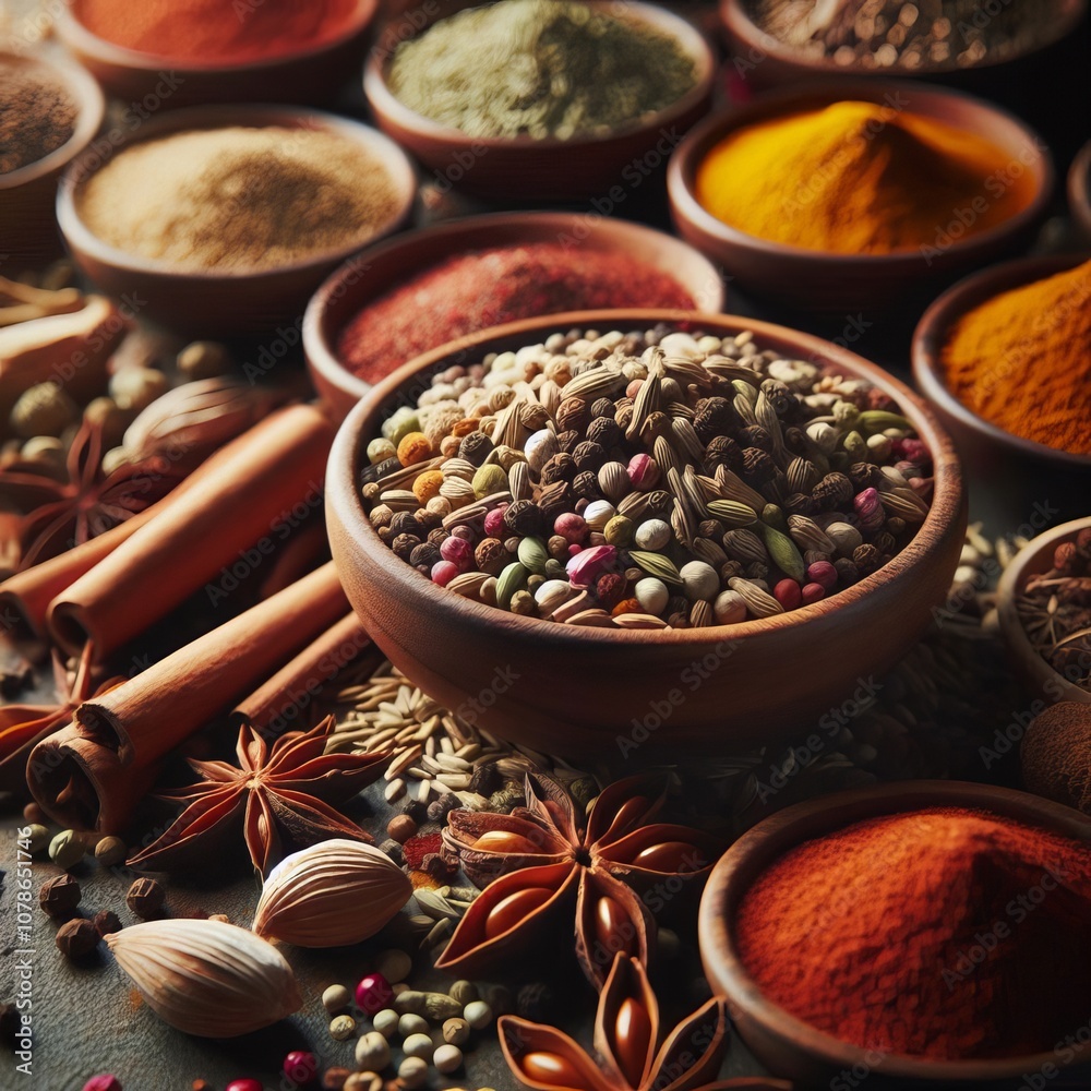 Spice Grains Close up of a pile of spices showcasing their indiv Spice Grains Close up of a pile of spices showcasing their indiv