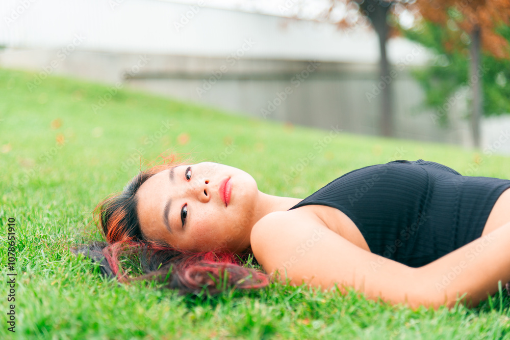 Asian woman enjoying a serene moment relaxing on grassy lawn Asian woman enjoying a serene moment relaxing on grassy lawn