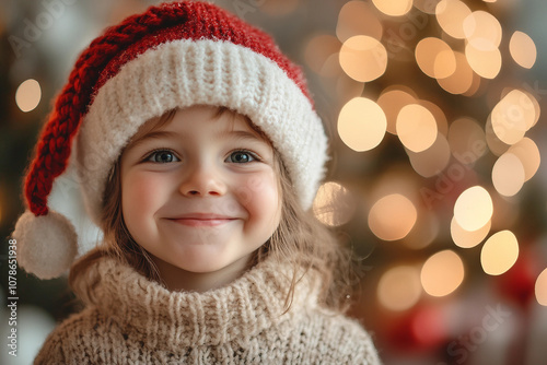 Generative AI image of a smiling girl in a red hat and sweater, celebrating the New Year at school with classmates in festive attire