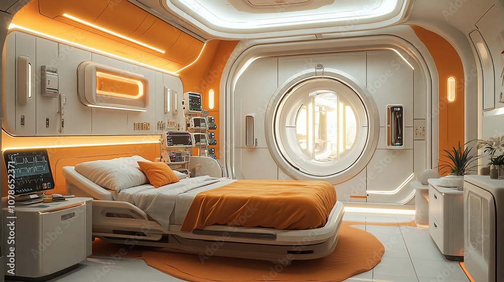 Fototapeta premium Futuristic hospital room with a bed, medical equipment, and a large circular window overlooking a city.
