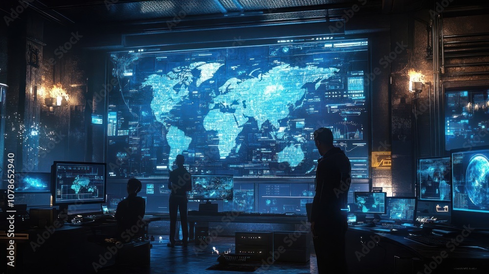 Three people stand in front of a large screen displaying a world map, monitoring data in a futuristic command center.