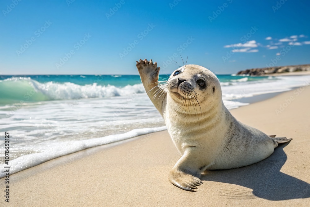 Obraz premium Waving Baby Seal on a Sunny Beach with Copy Space for Text, Perfect for Wildlife and Marine Life Themes, Ideal for Educational and Informational Purposes
