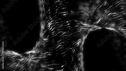 Abstract black digital wave with dots. Technology background with DNA. Futuristic music sound wave. Big data visualization with particle cyber flow. 3d rendering.