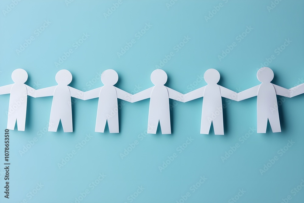 Creative concept of a paper chain representing team building and connection, showcasing teamwork and collaboration through simple cut-out figures on a pastel background. Creative concept of a paper chain representing team building and connection, showcasing teamwork and collaboration through simple cut-out figures on a pastel background.
