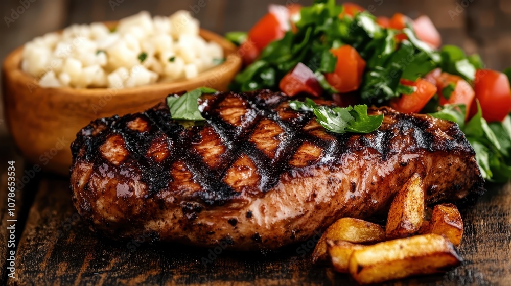A juicy grilled steak with perfect grill marks, accompanied by small diced potatoes and a fresh salad, making for a satisfying and hearty meal choice. A juicy grilled steak with perfect grill marks, accompanied by small diced potatoes and a fresh salad, making for a satisfying and hearty meal choice.