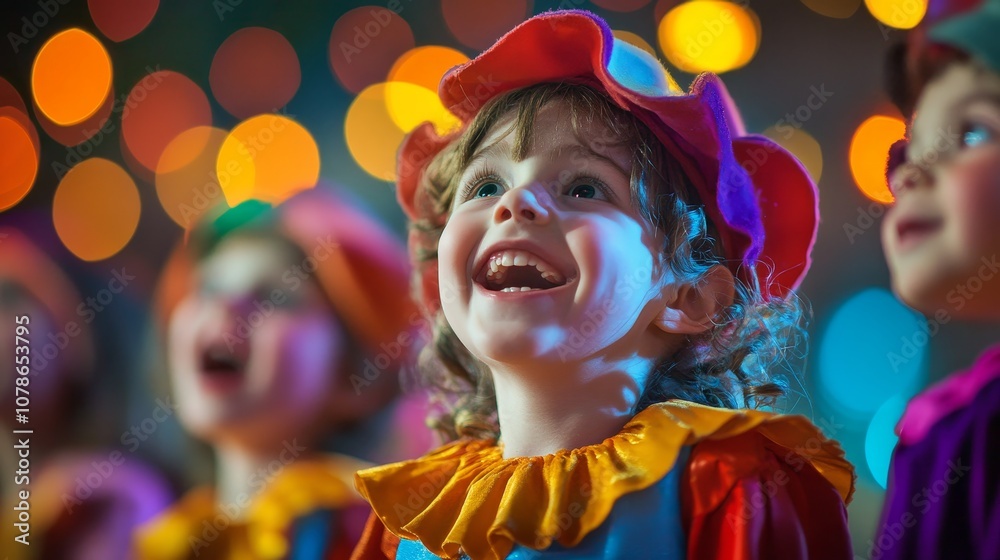 Enchanting Kids in Theatrical Costumes under Vibrant Lights with Expressive Faces Enchanting Kids in Theatrical Costumes under Vibrant Lights with Expressive Faces