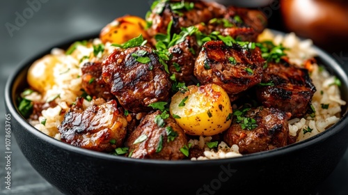 Tender beef bites served over a bed of fluffy rice, accompanied by baby potatoes and garnished with fresh parsley, creating a delightful dinner.