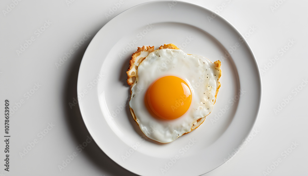 Minimalist photo of a single fried egg on a white plate Minimalist photo of a single fried egg on a white plate