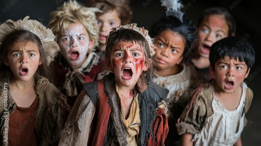 Multicultural Kids Embracing Diversity in Theatrical Performance with Intense Expressions Multicultural Kids Embracing Diversity in Theatrical Performance with Intense Expressions