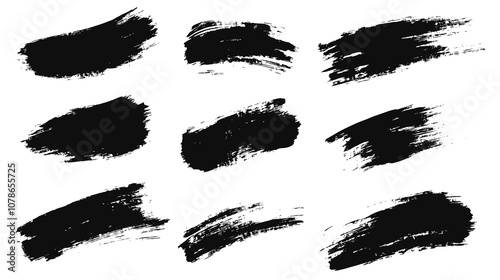 Fototapeta Naklejka Na Ścianę i Meble -  Strokes of black paint, brush, roller, spatula. Collection of brushes Smears of paint on a transparent png background for your design