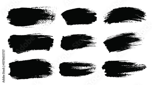 Fototapeta Naklejka Na Ścianę i Meble -  Strokes of black paint, brush, roller, spatula. Collection of brushes Smears of paint on a transparent png background for your design