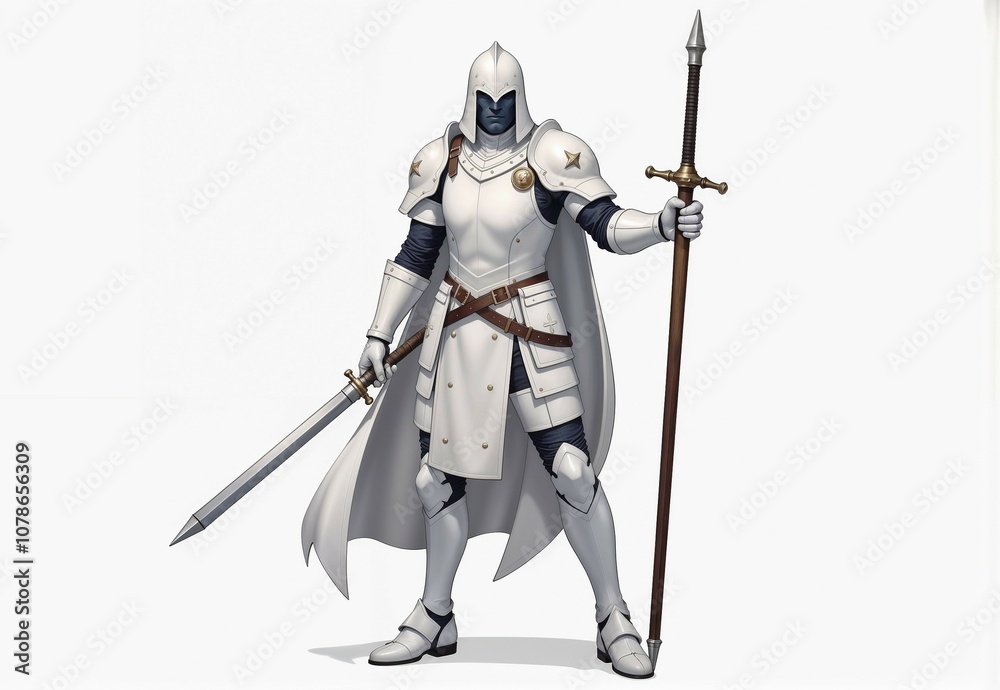Obraz premium A Heroic Knight clad in Shining White Armor, holding both a Sword and a Spear gallantly
