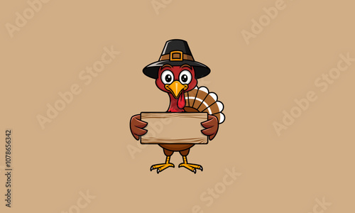 Thanksgiving cartoon turkey with pilgrim hat holding sign photo