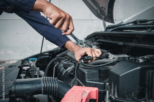 Mechanic using wrench while working on car engine outside the service center , Repair and service.