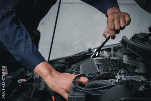 Mechanic using wrench while working on car engine outside the service center , Repair and service.