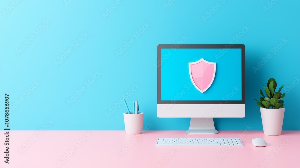 Computer security is represented by a flat cartoon of a desktop PC shielded by an icon symbolizing firewall technology, internet privacy safety, antivirus software, and secure networking. Computer security is represented by a flat cartoon of a desktop PC shielded by an icon symbolizing firewall technology, internet privacy safety, antivirus software, and secure networking.