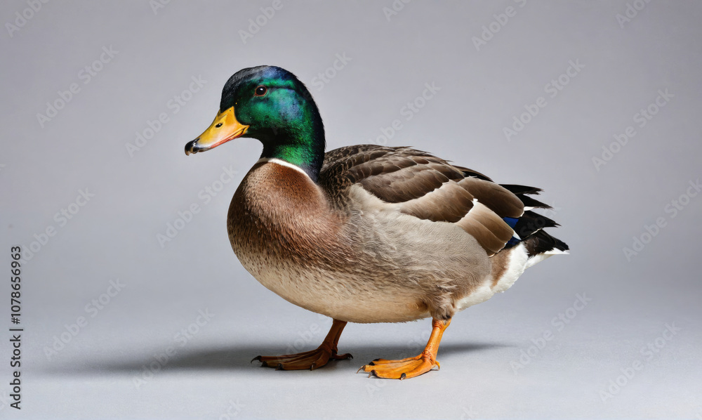 A mallard duck stands on a gray background with its head turned to the left A mallard duck stands on a gray background with its head turned to the left