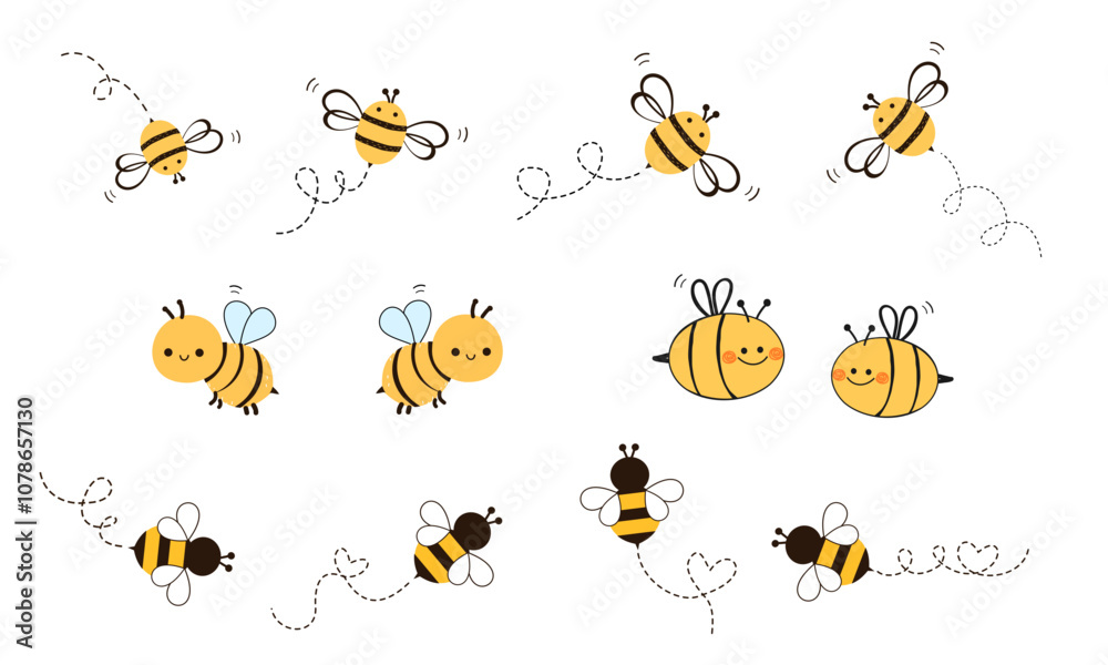 Obraz premium Set of flying bee cartoons isolated on white background vector.
