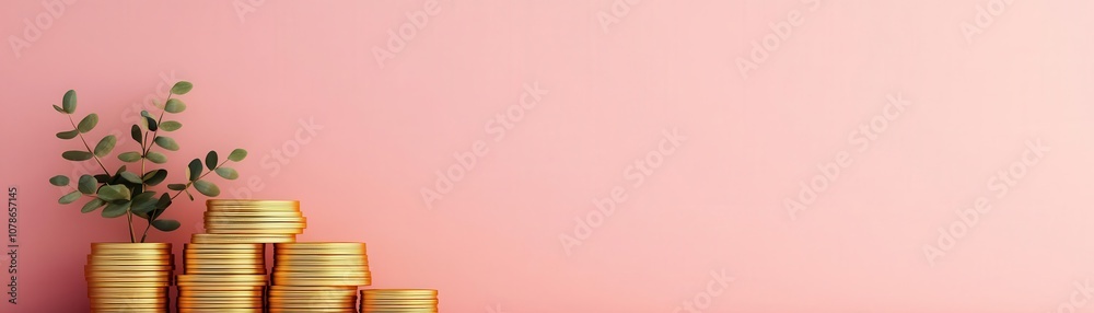 A stack of golden coins beside a small plant against a soft pink background, symbolizing wealth and growth. A stack of golden coins beside a small plant against a soft pink background, symbolizing wealth and growth.