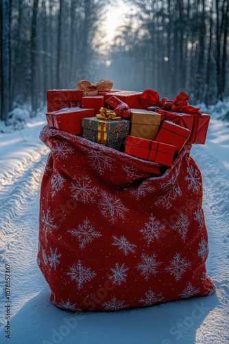 Santaa??s red gift sack overflows with bright boxes and toys, spilling onto a snowy path with a glowing blue sky behind him. photo